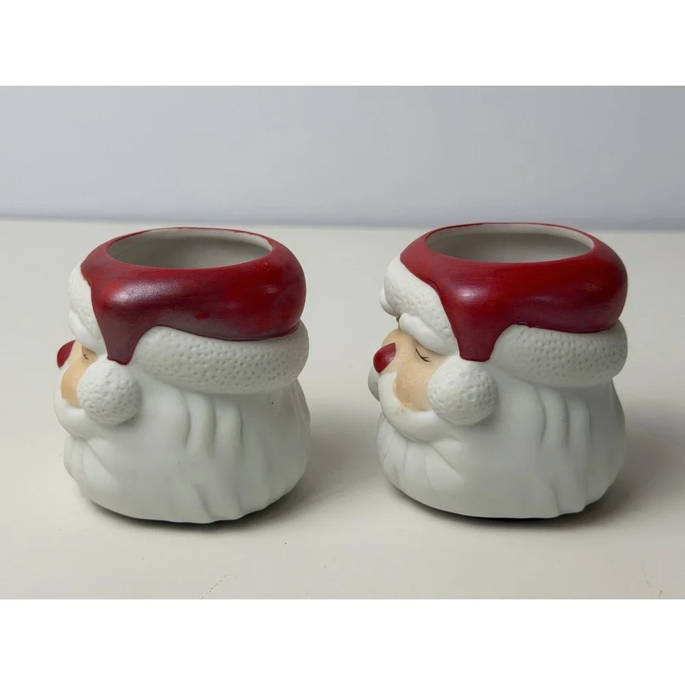 Hallmark Ceramic Santa Claus Head Votive Candle Holder MCM Pair Of VTG 1970s